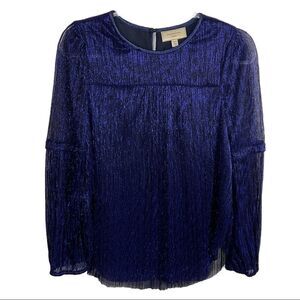 Moulinette Soeurs Anthropologie Blue Metallic Accordion Pleat Long Sleeve Top XS